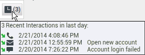 Recent interactions matrix displaying the list of interactions with the current contact within the last day