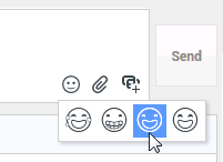 An example of clicking the Choose an emoji button to open the emoji menu and select an emoji to send in the chat message.