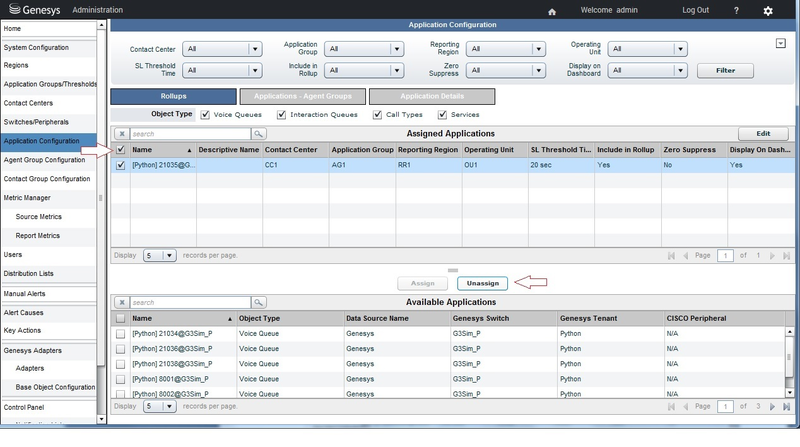 Application Configuration Page, Rollups tab and Unassigning the Application