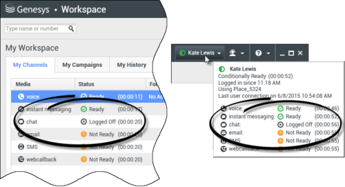 Two screenshots side by side showing that channels status in the My Channels tab is the same as the channel status in the Global Status menu.