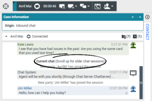 The Chat interaction view with the following notification highlighted in the transcript area, "Current Chat (Scroll up for older chat sessions)".