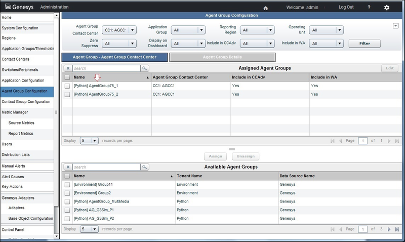 Removing Agent Groups – Viewing Agent Group Contact Centers on the Agent Group Configuration page